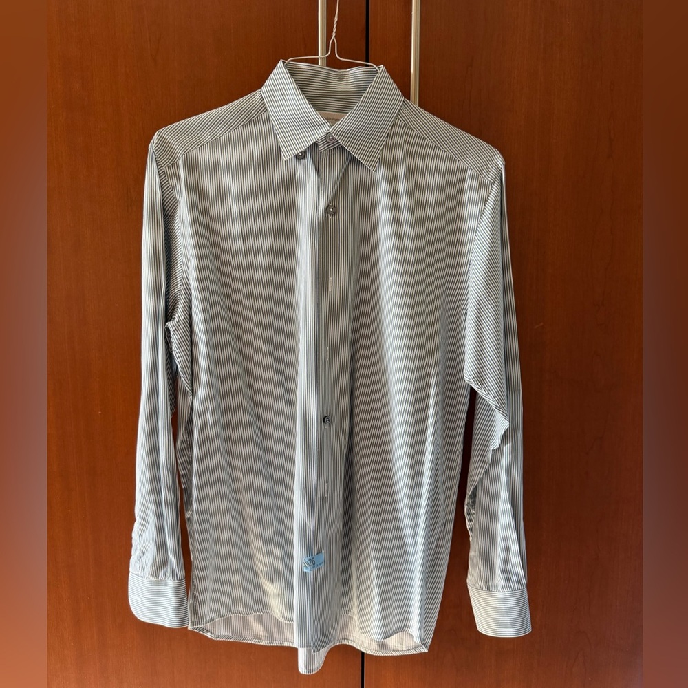 Ermenegildo Zegna Charcoal, Green and White Striped Dress Shirt size M